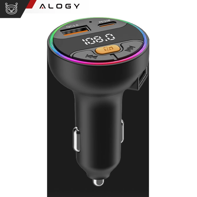Transmiter samochodowy z Ładowarką Alogy PowerTune USB-A USB-C szybkie ładowanie PowerDelivery PD30W Quick Charge QC3.0 Czarny