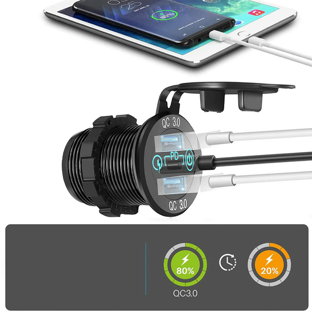 LED nabíječka do auta zásuvka Alogy Mini nabíječka do auta pro motocykl Konektory napájecího adaptéru Alogy 2x USB QC 3.0 USB-C PD 60W