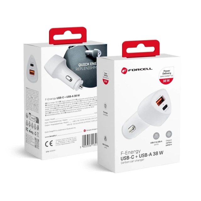 Forcell Carbon 38W PD 3.0 QC 3.0 USB-C and USB Car Charger
