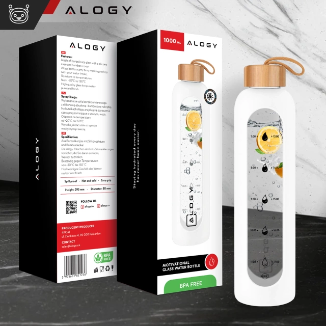 Große Glasflasche, Trinkflasche Alogy Motivational Messbecher 1l 1000ml, Silikonhülle Weiß