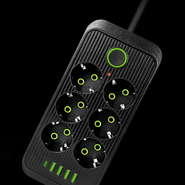 Подовжувач Подовжувач 6 розеток AC EU розетки 4x USB USB-C тип C розетки 2500 Вт чорний