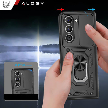 Obrněné pouzdro pro Galaxy Z Fold 5 Camshield Case Ring Alogy Stand s posuvným krytem fotoaparátu, černé