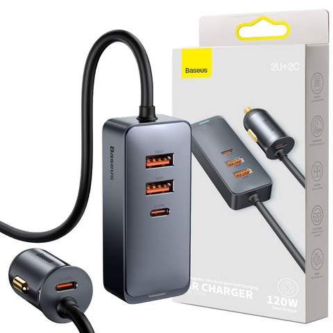 Автомобільний зарядний пристрій Baseus Share із розширенням 2x USB, 2x USB-C 120W сірий