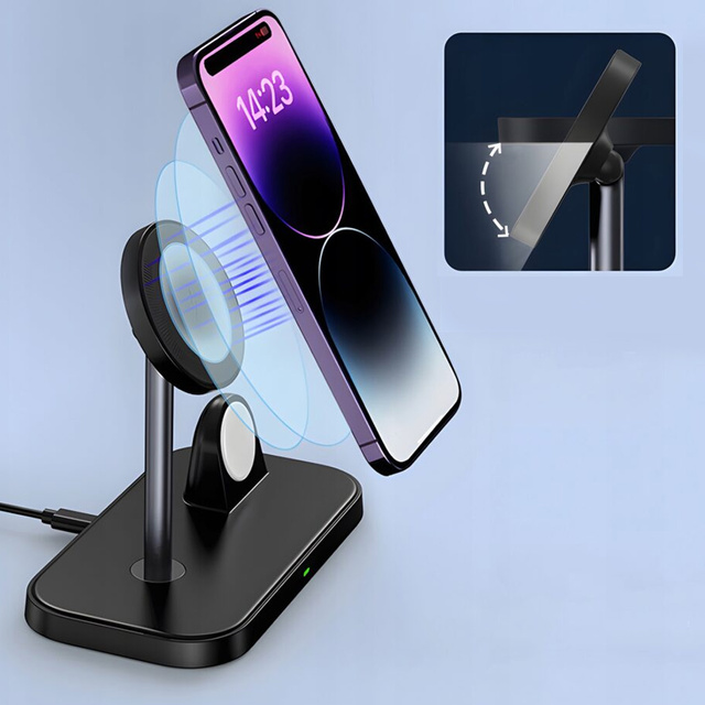 Qi Mag Safe 15W inductive charger for iPhone Apple Watch AirPods 3in1 wireless stand station Black