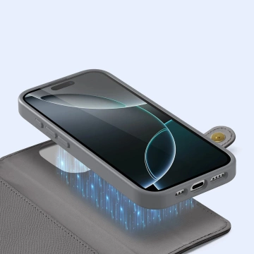 Kožené puzdro Dux Ducis Lawa s peňaženkou MagSafe pre iPhone 16 Pro Max, sivé