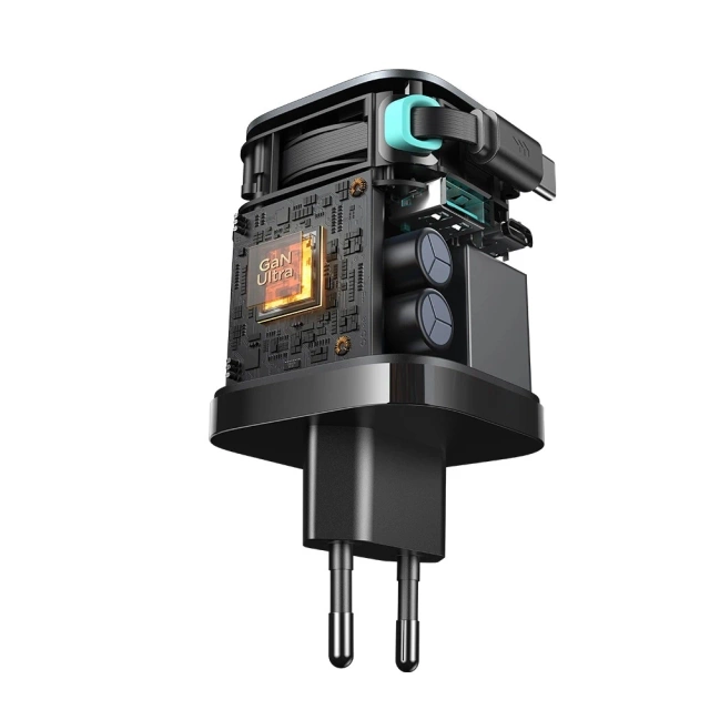 Joyroom JR-TCL02 65 W USB-A USB-C GaN-Ladegerät mit integriertem USB-C-Kabel – Schwarz