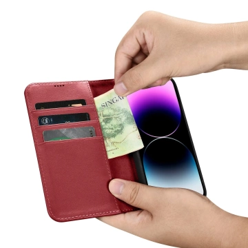 Kožený flipový kryt iCarer Wallet Case 2v1 pro iPhone 14 Pro Max Anti-RFID červený