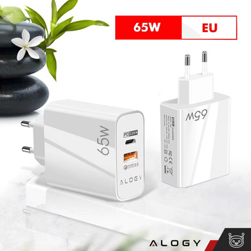 Rýchle rýchle nabíjanie USB-A QC 3.0 USB-C PD 33W 65W nástenná nabíjačka Alogy White