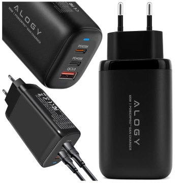 Alogy GaNCarge Kompaktná nástenná nabíjačka 3v1 rýchle nabíjanie GaN3 65W USB-A 30W 2x USB-C 65W čierna