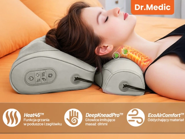 Poduszka masująca elektryczna na szyję i kark – masażer z pilotem, funkcja grzania zagłówka, relaks i redukcja napięcia mięśni – Dr.Medic RelaxNeck™