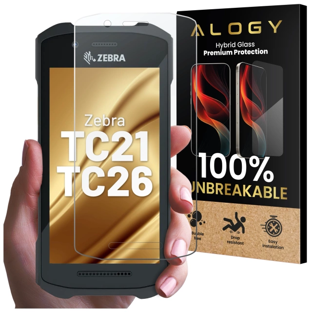 Nerozbitné hybridné sklo 9H pre Zebra TC21/TC26, úplne ploché, flexibilné a odolné, Alogy FlexiGlass™ Full – priehľadné
