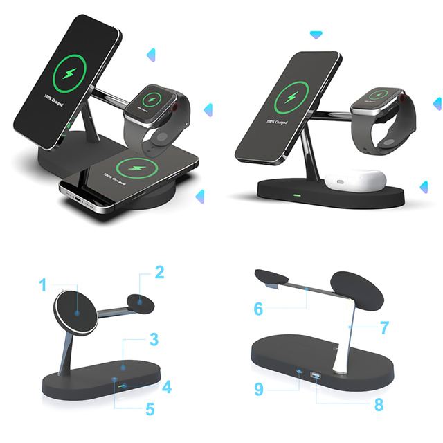 Qi Mag Safe 15W індуктивний зарядний пристрій для iPhone Apple Watch AirPods Wireless 5in1 Docking station Black