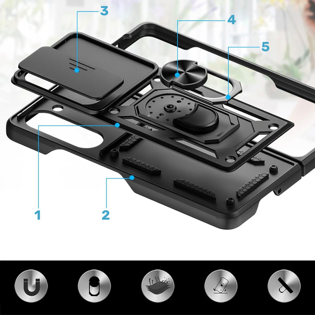 Obrněné pouzdro pro Galaxy Z Fold 5 Camshield Case Ring Alogy Stand s posuvným krytem fotoaparátu, černé