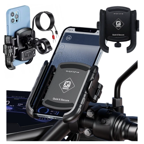 Uchwyt Motocyklowy na Telefon z Szybkim Ładowaniem 36W USB-C PD Kewig do Kierownicy i Lusterka, Rotacja 360°, Kompatybilny z Telefonami 5.4–7" - Czarny