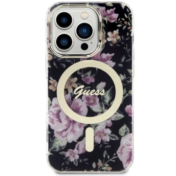 Puzdro na telefón Guess GUHMP14LHCFWSK do Apple iPhone 14 Pro 6,1" čierne/čierne pevné puzdro Flower MagSafe