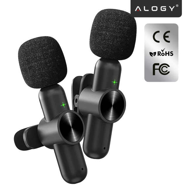 Bezdrôtový mikrofón 2x sada - Lightning pre iPhone, potlačenie hluku, ľahká konštrukcia, dosah až 20 metrov - 2x klopový mikrofón s kožušinovým krytom, slúchadlo na telefón - Alogy DualVoice™ čierny