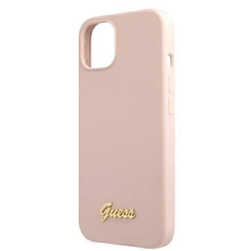 Guess GUHMP13MLSLMGLP iPhone 13 6,1" jasný/svetloružový pevný obal Silicone Script Gold Logo Magsafe