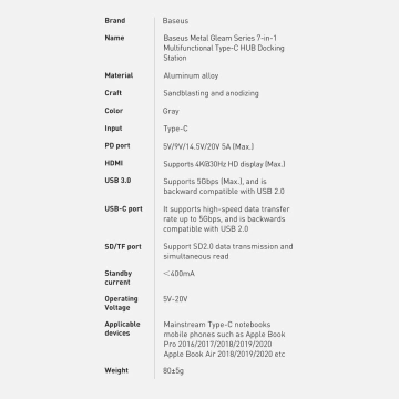 Baseus Metal Gleam Series multifunktionaler USB HUB 7in1 Typ C HDMI TF PD Kartenleser grau (WKWG020113)