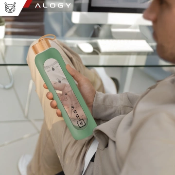 Alogy Large Glass Bottle Drinking Bottle Motivational Measuring Cup 1l 1000ml Silicone Case Olive