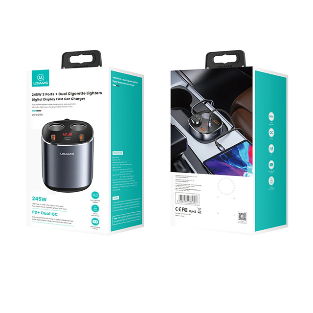 USAMS zásuvka zapaľovača rozdvojka autonabíjačka 2x USB 1x USB-C 245W šedá