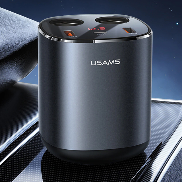 USAMS zásuvka zapaľovača rozdvojka autonabíjačka 2x USB 1x USB-C 245W šedá