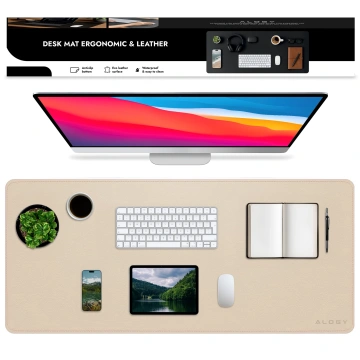 Desk pad 80×40 cm – anti-slip protective mat made of elegant PU eco-leather, for mouse and keyboard, stylish and durable – Alogy WorkMat™ Beige