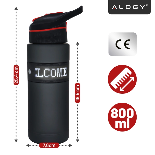 Butelka Bidon na Napoje LED, Inteligentna z Wyświetlaczem i Łącznością Bluetooth, Słomka, Motywacyjna, Wielokrotnego Użytku, Alogy FitBottle™ 800ml - Czarna