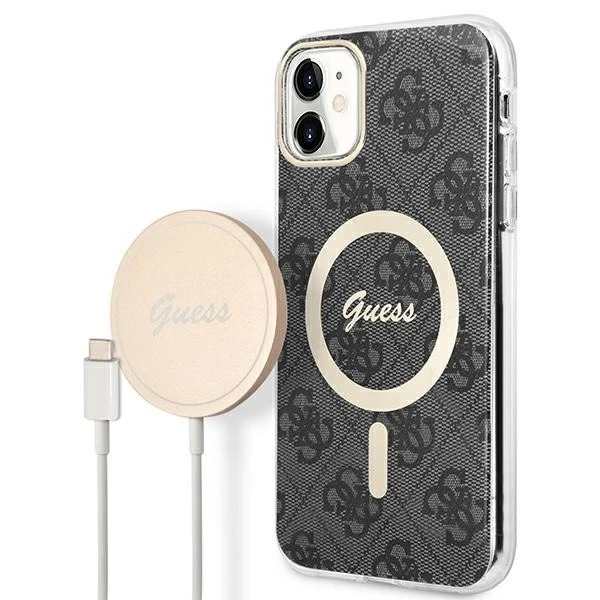 Zestaw Guess GUBPN61H4EACSK Case Charger iPhone 11 6,1" čierny/čierny pevný obal 4G Print MagSafe