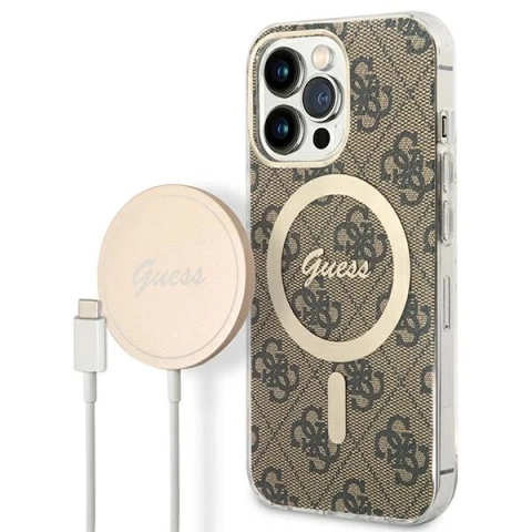 Zestaw Guess GUBPP13LH4EACSW Case  Charger iPhone 13 Pro brązowy/brown hard case 4G MagSafe Print
