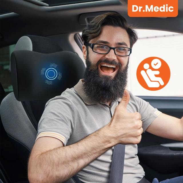 2-in-1 Car Pillow with Massage and Heating – ergonomic support for the neck, nape, back and lumbar region, electric massager with vibrations for the driver and passenger – Dr.Medic RelaxTherapyHeat™
