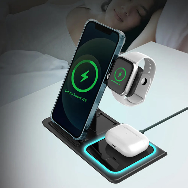 QI 15W 3in1 Induction Wireless Charger Foldable Alogy Docking Station for Apple iPhone / Watch / AirPods Black