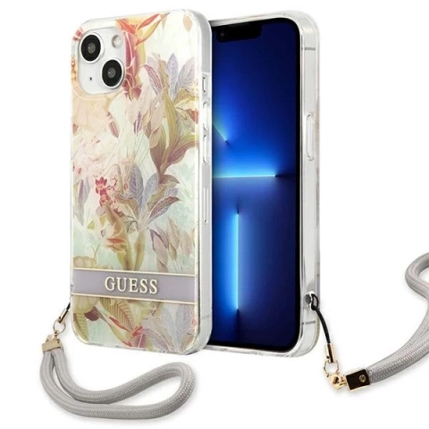 Guess GUHCP13SHFLSU iPhone 13 mini 5,4" fioletowy/fialové pevné puzdro Flower Strap
