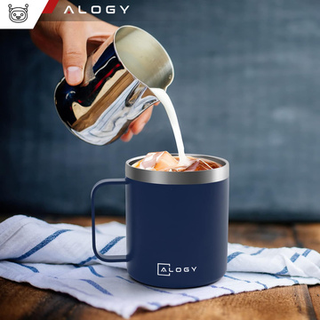 Thermal mug 420ml with handle lid for coffee tea steel cold and warm drinks Alogy navy blue Washing brush