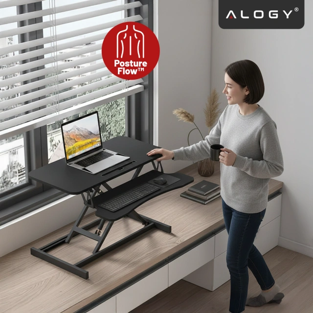 Standing desk with pneumatic lift 60×80 cm - height adjustment 11–51 cm, two-level, foldable, ideal for home office - Alogy LiftDesk™ Black