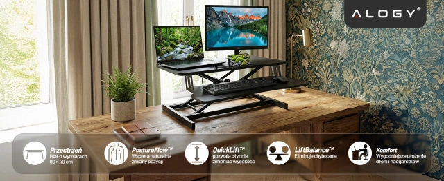 Stůl na stání s pneumatickým zvedákem 60×80 cm - nastavení výšky 11–51 cm, dvouúrovňový, skládací, ideální pro domácí kancelář - Alogy LiftDesk™ Black