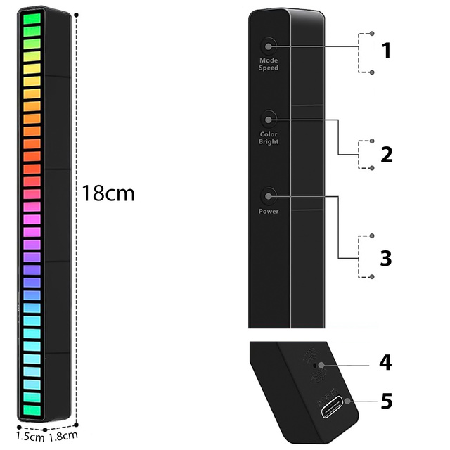 RGB LED lampa USB lampa blikajúca v rytme hudby Smart Bar 18 cm farebný 32bit Gaming Alogy Black