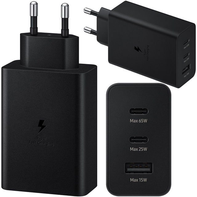 Rýchla 65W nástenná nabíjačka 2x USB-C typ C PD USB-A USB Alogy 3 porty silná čierna
