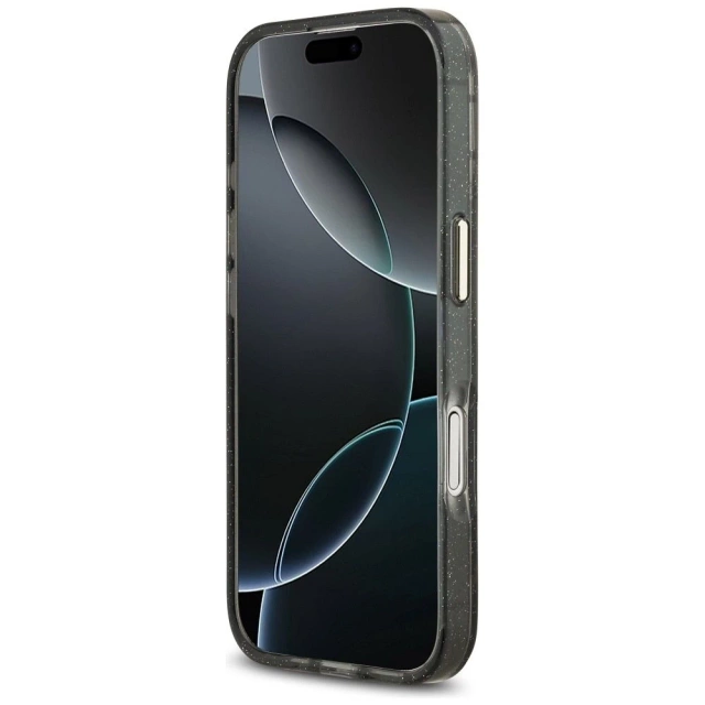 Etui Guess MagSafe do iPhone 17 IML Glitter Flowers Triangle Black