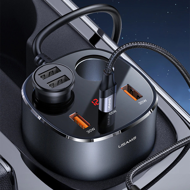 USAMS rozbočovač zásuvky do zapalovače nabíječka do auta 2x USB 1x USB-C 245W šedá