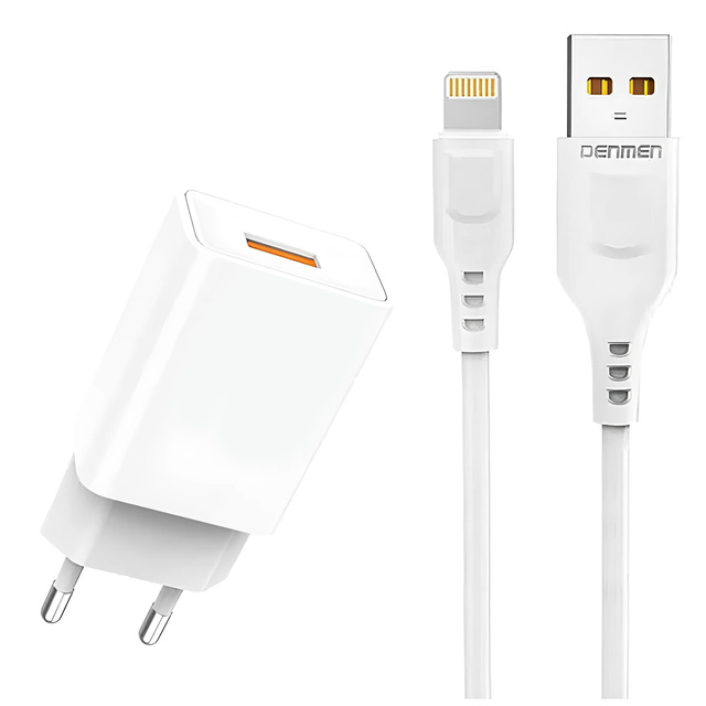USB nástěnná nabíječka USB - Lightning kabel pro iPhone 1m rychlý 2,4A 12W Denmen White