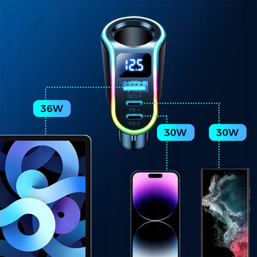 USB QC 3.0 autonabíjačka 2x USB-C PD 150W rozbočovač JoyRoom Car Charger 4v1 RGB LED čierna