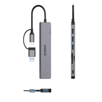 Hub USB Orico YSA8-U3 8w1 USB-C/A SD Audio Szary