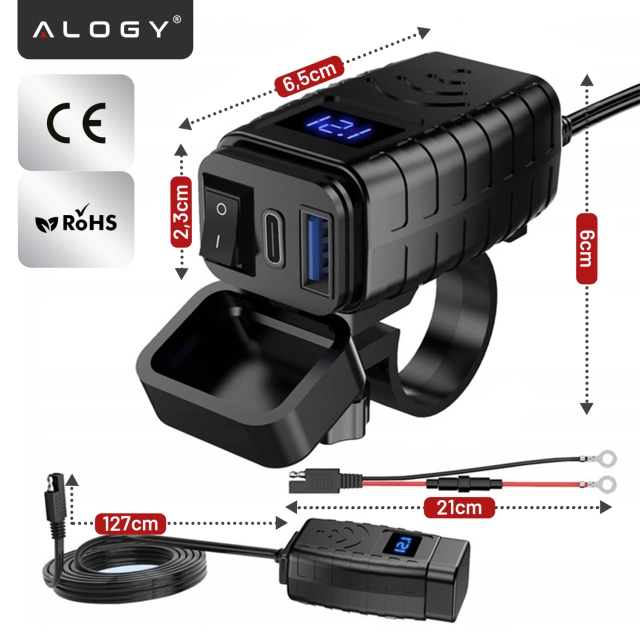 Motocyklová nabíjačka Alogy MotoCharge Pro™ s displejom, rýchle nabíjanie 36 W PD QC 3.0, porty USB-A a USB-C, vodeodolná a odolná, čierna