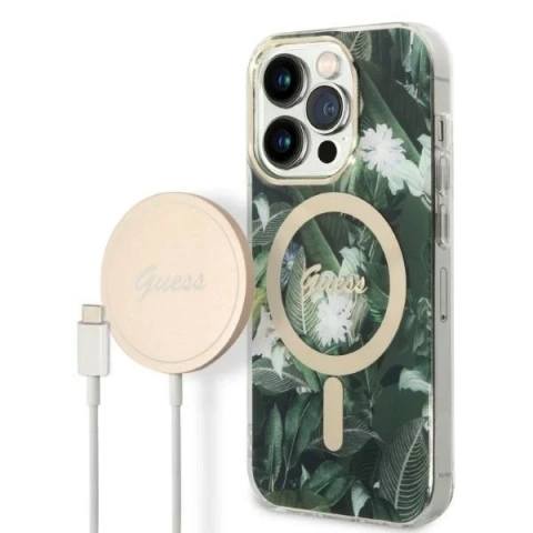 Zestaw Guess GUBPP14XHJEACSA Case Charger iPhone 14 Pro Max 6,7" zielony/green hard case Jungle MagSafe