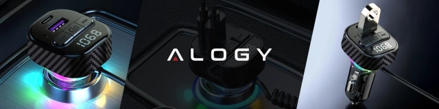 Bluetooth 5.3 FM vysielač s PD 30W QC3.0 nabíjačkou do auta, pružinovým káblom USB-C, podporou pre USB kľúče, 7-farebným LED podsvietením – Alogy CarTune™ čierny