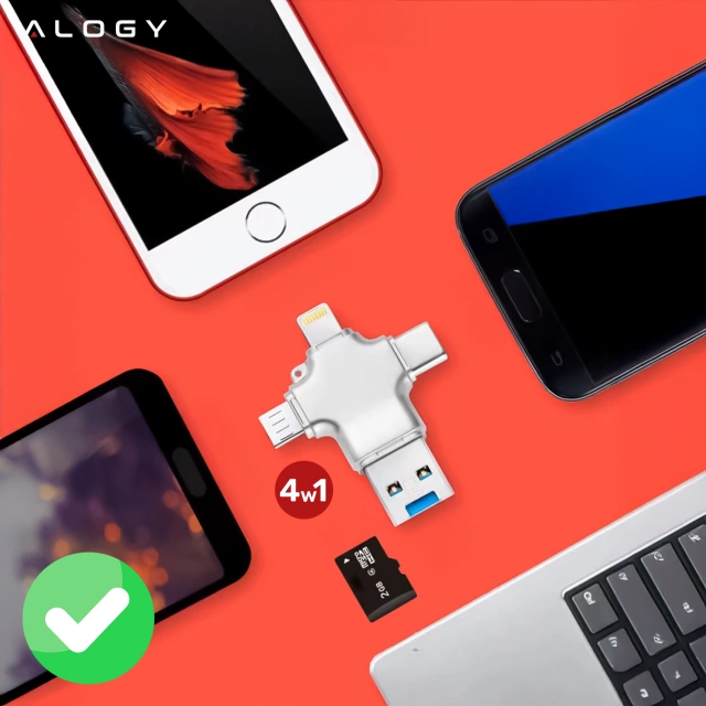 Czytnik kart SD 4w1 – adapter USB 3.0 do TF / microSD, kompatybilny z Lightning, USB-C i micro USB, szybki transfer danych – Alogy SmartRead Pro™