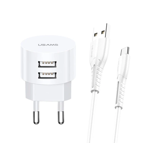 USAMS Nástenná nabíjačka 2xUSB T20 2.1A microUSB biela/biela okrúhla Rýchle nabíjanie XTXLOGT18MC05