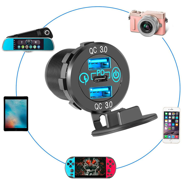 Світлодіодне гніздо для автомобільного зарядного пристрою Alogy Mini Car Charge For Motorcycle Adapter Power Adapter Connectors Alogy 2x USB QC 3.0 USB-C PD 60W