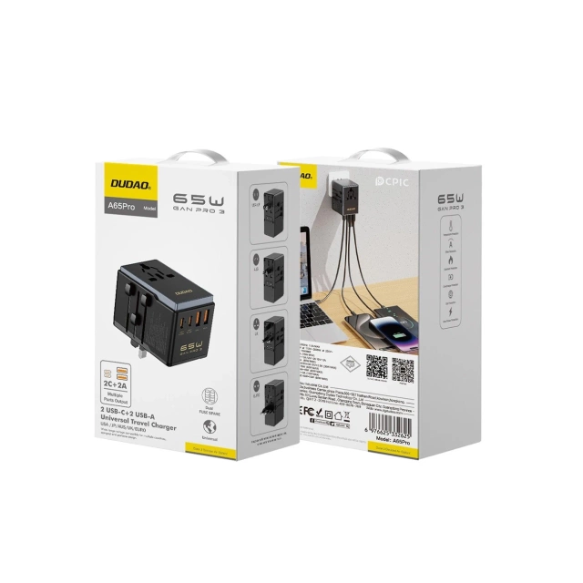 Adapter Podróżny Dudao A65Pro 65W 4xUSB EU US UK AUS JP Czarny