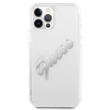 Guess GUHCP12LKTRSVSI iPhone 12 Pro Max 6,7" priehľadné pevné puzdro Vintage Script Silver
